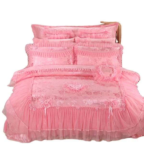 American style Cotton Multi Layers Embroidery Lace Princess Cute Pink Wedding Bedding Set - Image 6