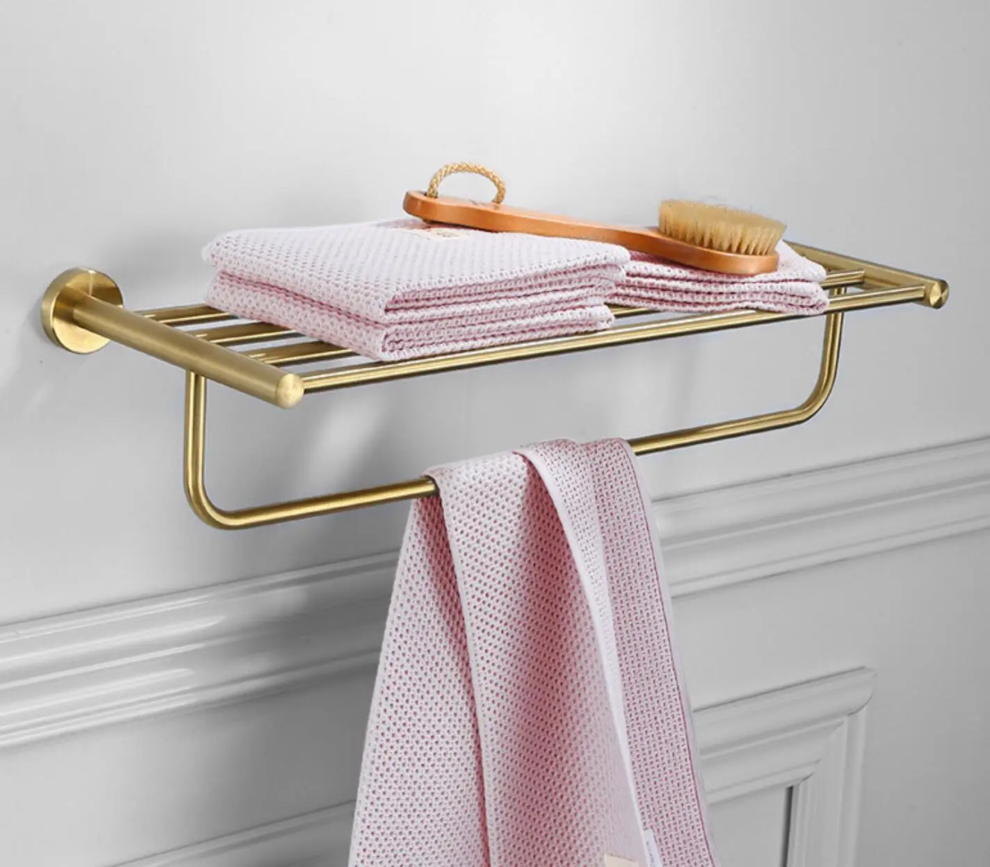 Bathroom Hardware Double Bath Towel Bar Rack Shelf Caddy Accessory Set Brushed Gold Stainless Steel Towel Bar Set 9 pieces - Image 2