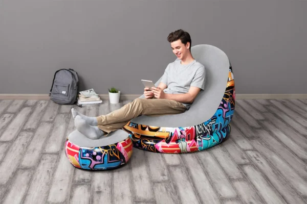 Bestway 75076 Graffiti Inflatable Sofa Bed Modern Recliner with Foot Stool Lounge Chair - Image 3