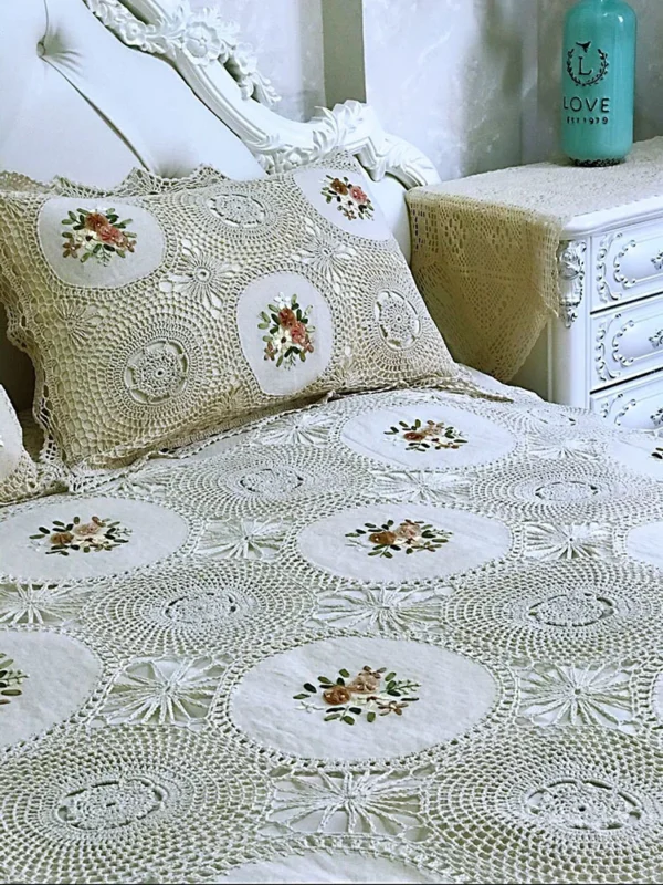 Wedding KING SIZE bedding sets 3 pieces designer Hand crochet ribbon embroidery bed sheets set - Image 3