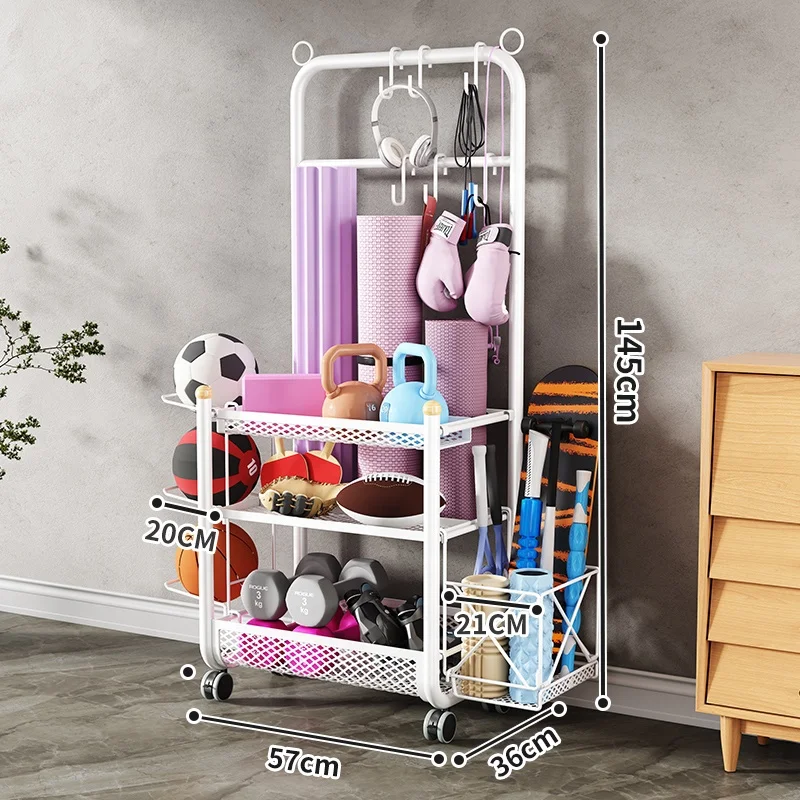 Metal frame rack home gym organizer yoga mat shelves Sports equipment storage rack basket with wheels - Image 5