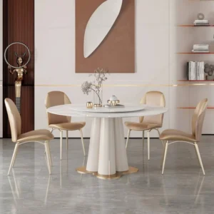 Stainless Steel Titanium Seal Glaze Slate Dining Room Luxury Dining Table Set Round Marble Rotating Dining Table