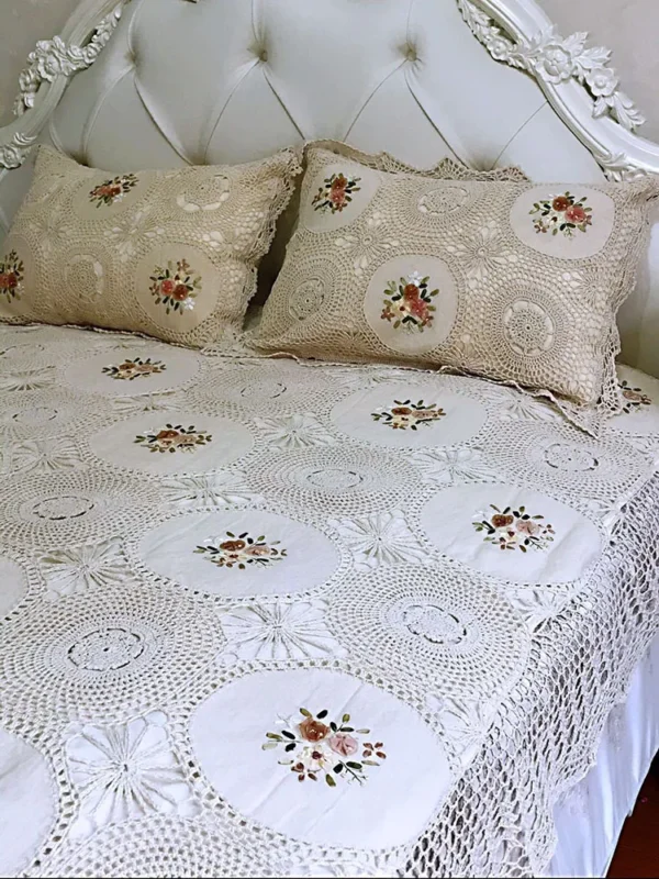 Wedding KING SIZE bedding sets 3 pieces designer Hand crochet ribbon embroidery bed sheets set - Image 2