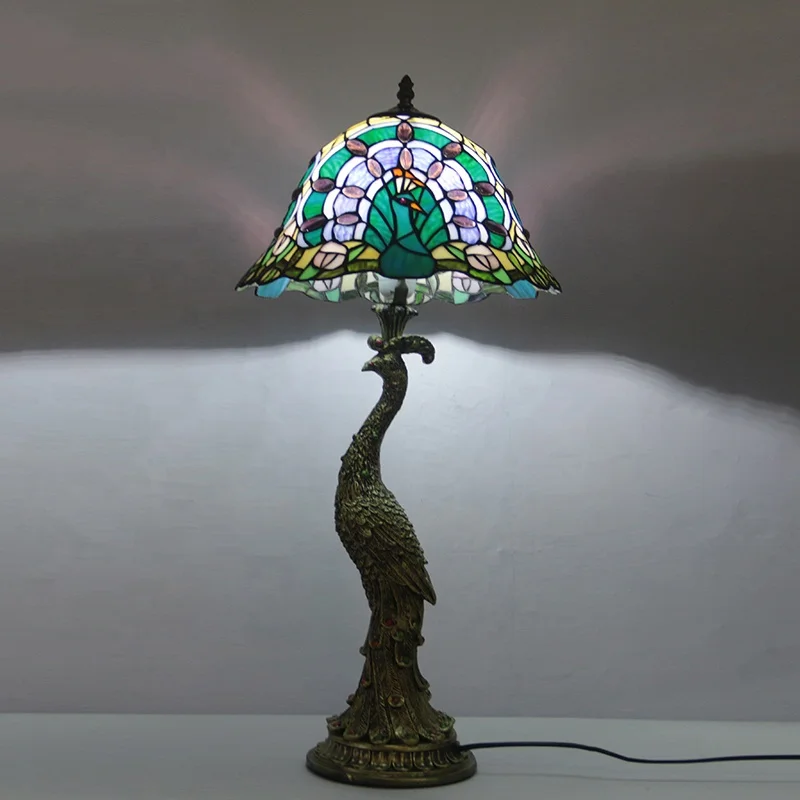 LongHuiJing TiffanyStyle Jeweled Harlequin Peacock Stained Glass Accent Lamp Blue NEW - Image 4