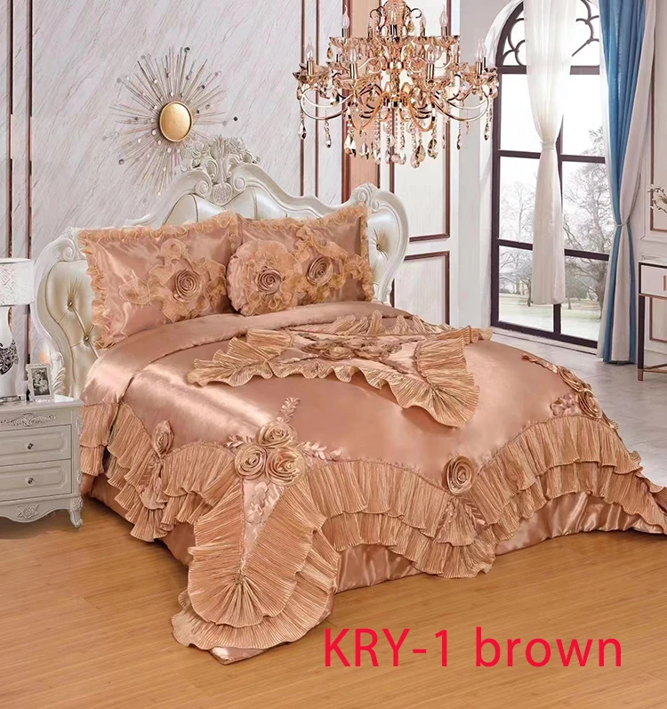 Wedding beautiful bedding set luxury white  fluffy king size satin bedding sets queen sheet set bedding
