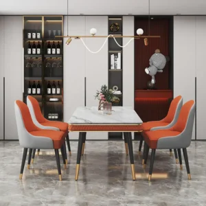 Customized Modern Furniture Rectangular Slate Table Set Leather Dining Chair Set
