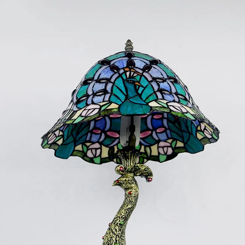 LongHuiJing TiffanyStyle Jeweled Harlequin Peacock Stained Glass Accent Lamp Blue NEW - Image 2