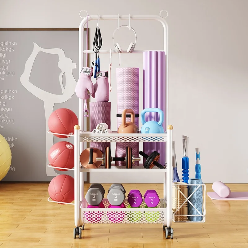 Metal frame rack home gym organizer yoga mat shelves Sports equipment storage rack basket with wheels