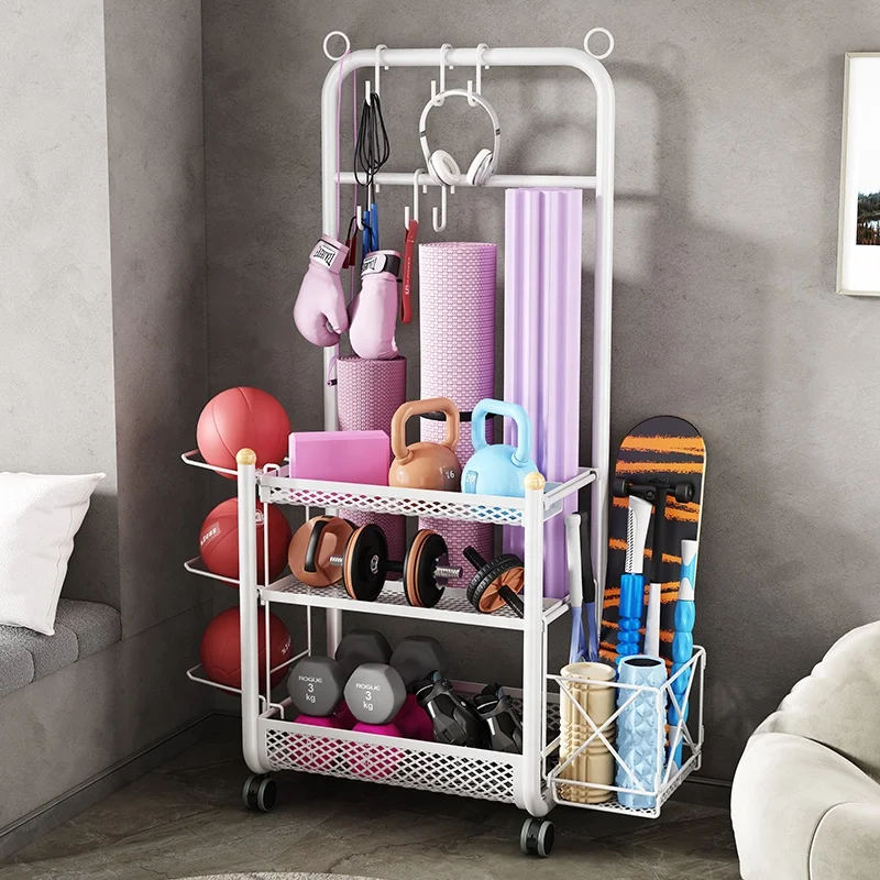 Metal frame rack home gym organizer yoga mat shelves Sports equipment storage rack basket with wheels - Image 3