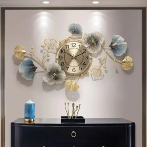Ginkgo Leaf Decoration Wall Metal Wall Clocks for Home Living Room Luxury Wall Decor 3D Arts Hanging Clock