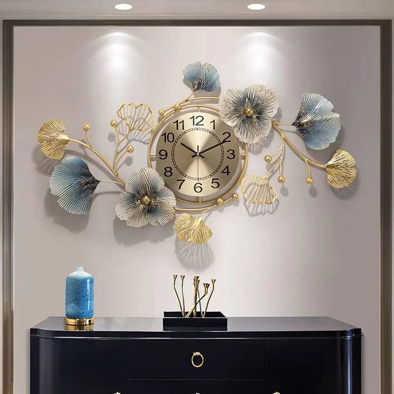 Ginkgo Leaf Decoration Wall Metal Wall Clocks for Home Living Room Luxury Wall Decor 3D Arts Hanging Clock