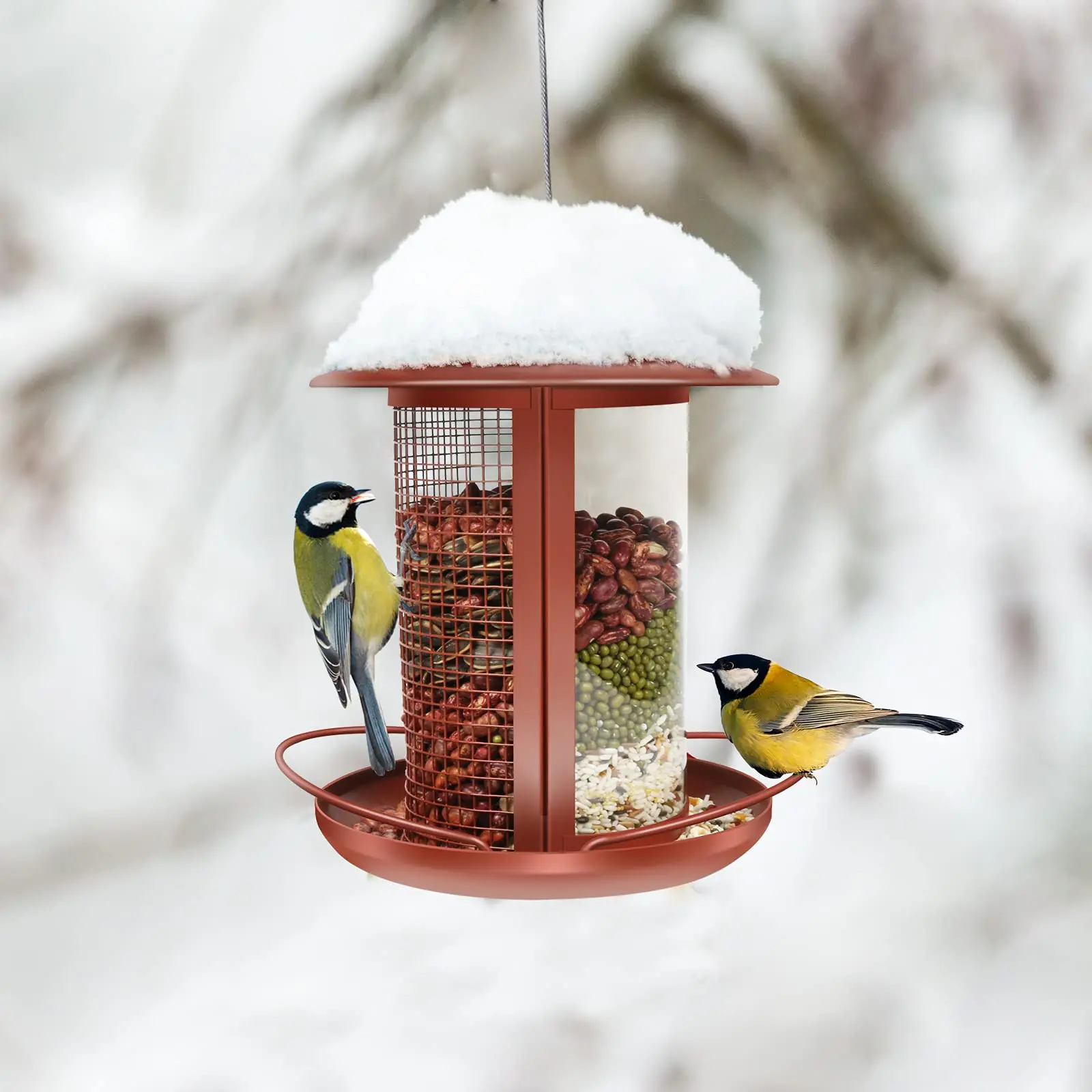 Large Capacity Bird Feeder Hanging Metal Mesh with Copper Holder Wild Outdoor Garden Backyard with Plastic Tube Hopper Feeders - Image 5