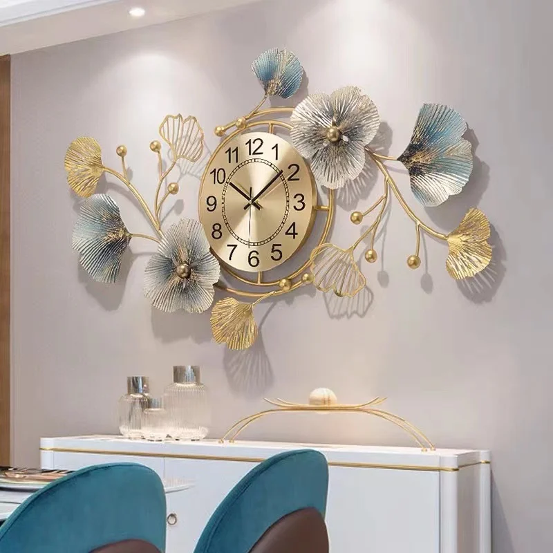 Ginkgo Leaf Decoration Wall Metal Wall Clocks for Home Living Room Luxury Wall Decor 3D Arts Hanging Clock - Image 6