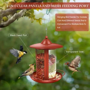 Large Capacity Bird Feeder Hanging Metal Mesh with Copper Holder Wild Outdoor Garden Backyard with Plastic Tube Hopper Feeders