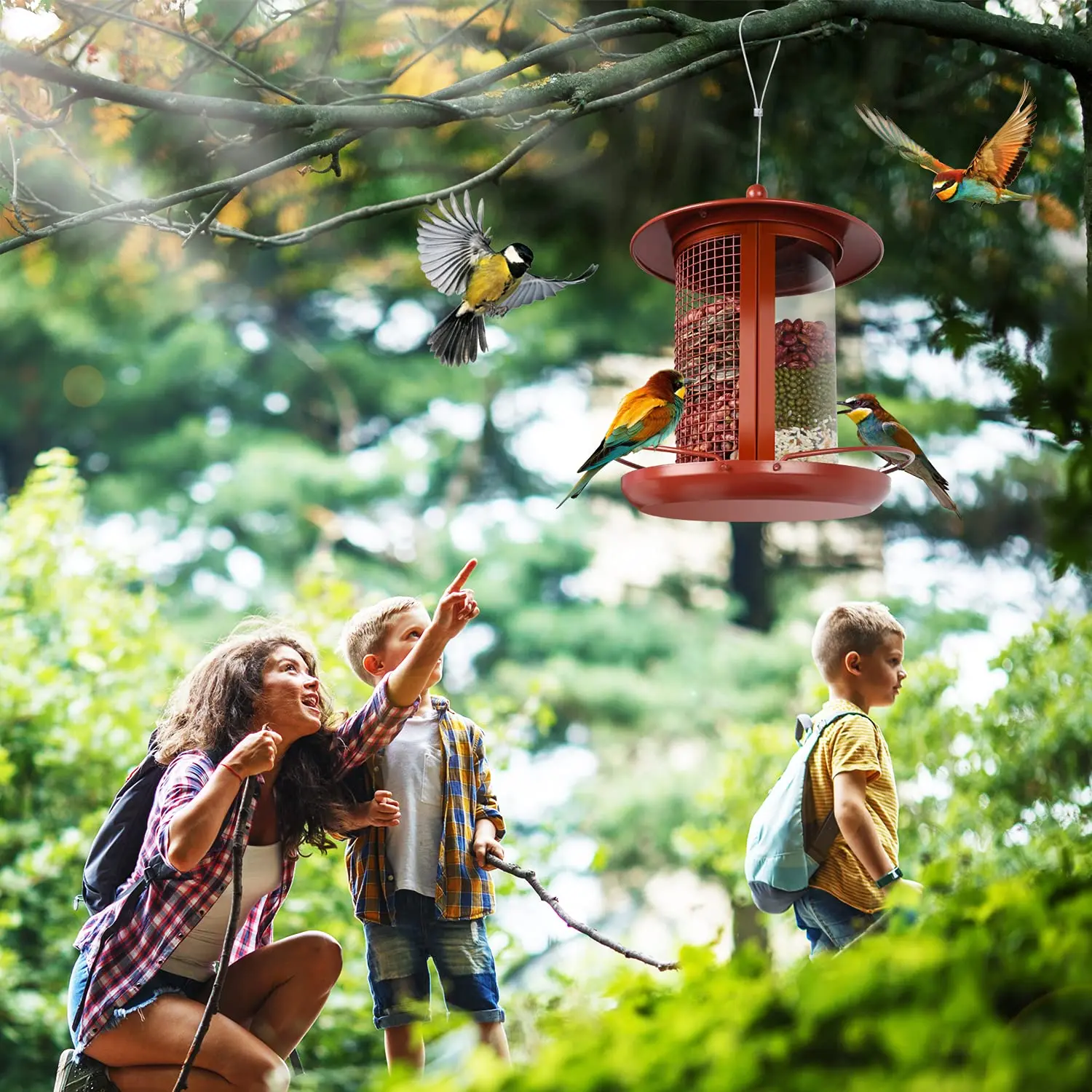Large Capacity Bird Feeder Hanging Metal Mesh with Copper Holder Wild Outdoor Garden Backyard with Plastic Tube Hopper Feeders - Image 4