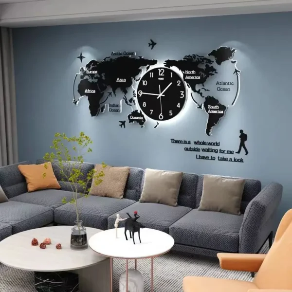 120*55 with light factory price led Large Home Decor Art Design Silent world map Decorative living room Office Wall Clock 3D - Image 6
