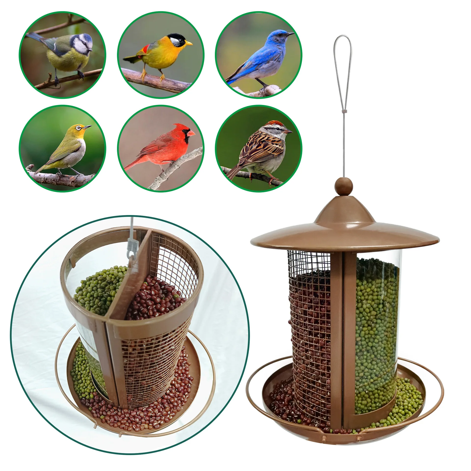Large Capacity Bird Feeder Hanging Metal Mesh with Copper Holder Wild Outdoor Garden Backyard with Plastic Tube Hopper Feeders - Image 2