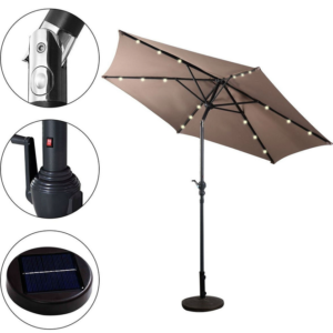 Tan 9-Ft Patio Umbrella with Steel Pole Crank Tilt and Solar LED Lights