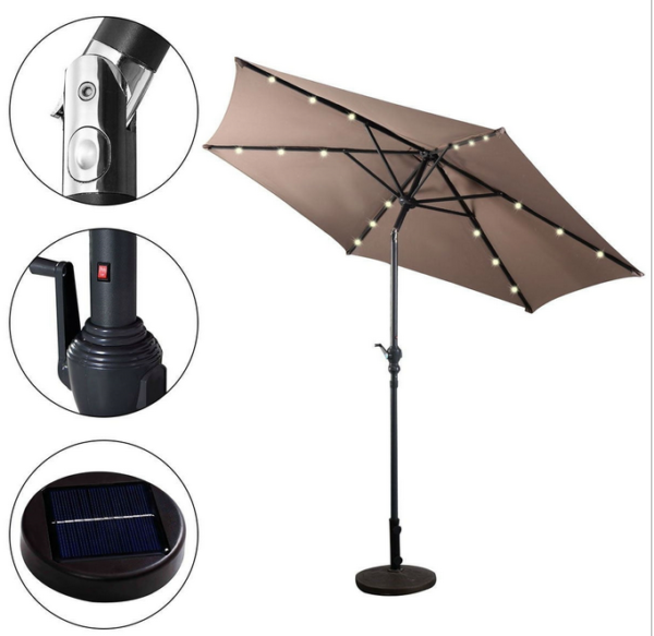 Tan 9-Ft Patio Umbrella with Steel Pole Crank Tilt and Solar LED Lights