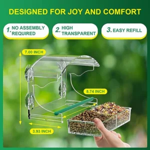 Clear Window Bird Feeder with 4 Strong Suction Cups and Detachable Seed Tray, Acrylic Birds Feeders for Outside Mounted Viewing