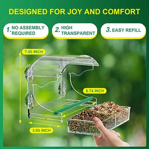 Clear Window Bird Feeder with 4 Strong Suction Cups and Detachable Seed Tray, Acrylic Birds Feeders for Outside Mounted Viewing