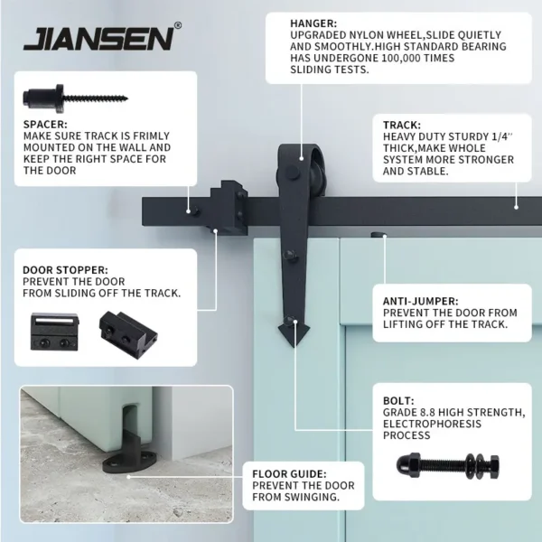 8FT/2.44m Antique Double Sliding Barn Door Hardware Roller Track Kit Black - Image 3