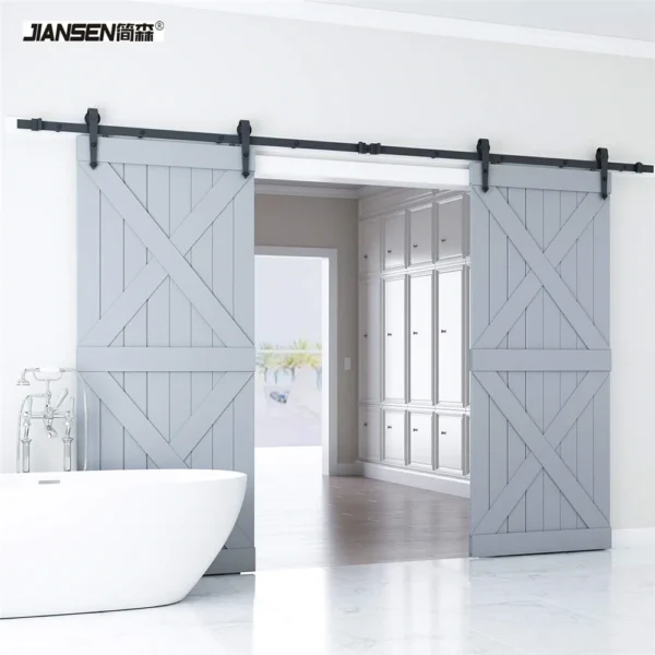 8FT/2.44m Antique Double Sliding Barn Door Hardware Roller Track Kit Black - Image 2