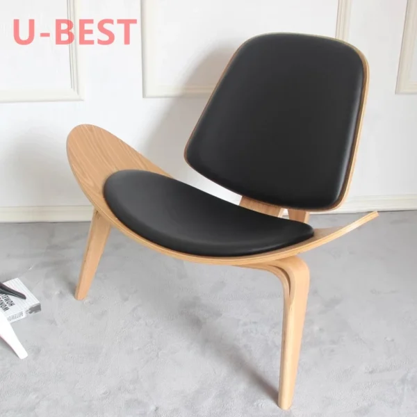 U-Best Bentwood Black Lounge Upholster Living Room Hans Wegner Style Wing Smiling Three-legged Shell Wood Chair - Image 3