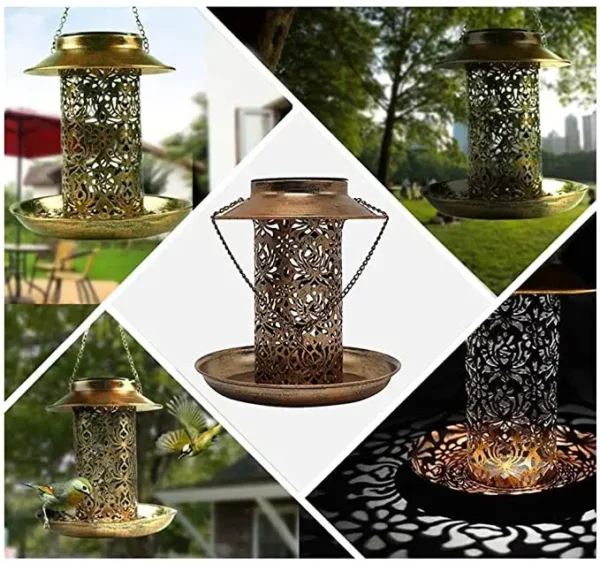2 In 1 Solar Energy Bird Feeder Waterproof Garden Solar Street Lamp Birdhouse Wall Hanging Bronze Metal Tray Bird Feeder Outdoor - Image 2