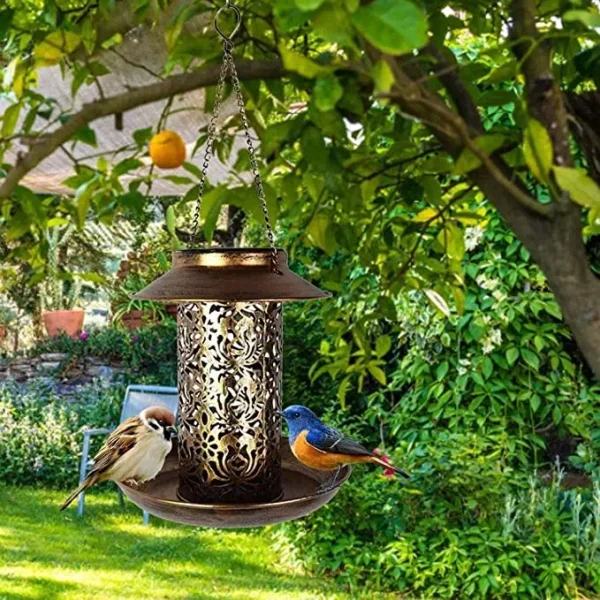 2 In 1 Solar Energy Bird Feeder Waterproof Garden Solar Street Lamp Birdhouse Wall Hanging Bronze Metal Tray Bird Feeder Outdoor - Image 4