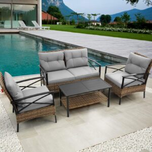 Patio 4Piece Sectional Sofa Set KD Rattan Wicker Outdoor Garden Furniture