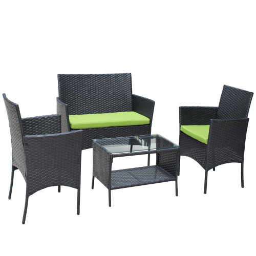 4 PC Rattan Patio Furniture Set Outdoor Patio Cushioned Seat Wicker Sofa Green Cushion - Image 10