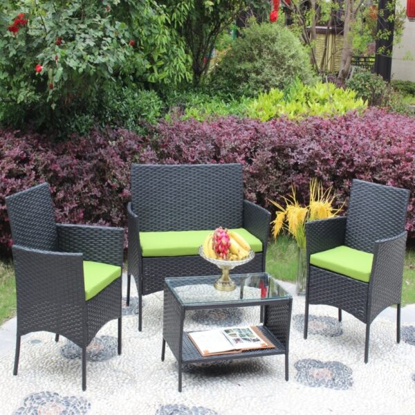 4PC Rattan Patio Furniture Set Outdoor Wicker Sofa W  Green Cushions - Image 10