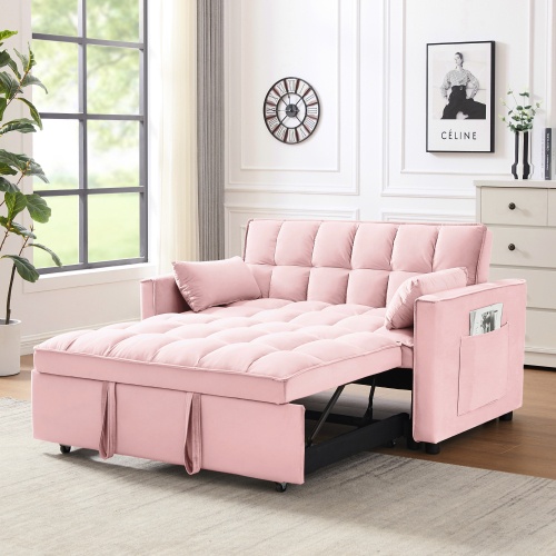 Modern Velvet Loveseat Futon Sofa Couch W Pullout Bed,Small Love Seat Lounge Sofa W Reclining Backrest,Toss Pillows, Pockets,Furniture For Living Room,3 In 1 Convertible Sleeper Sofa Bed - Image 4