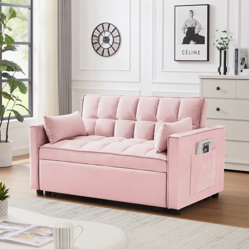 Modern Velvet Loveseat Futon Sofa Couch W Pullout Bed,Small Love Seat Lounge Sofa W Reclining Backrest,Toss Pillows, Pockets,Furniture For Living Room,3 In 1 Convertible Sleeper Sofa Bed - Image 5
