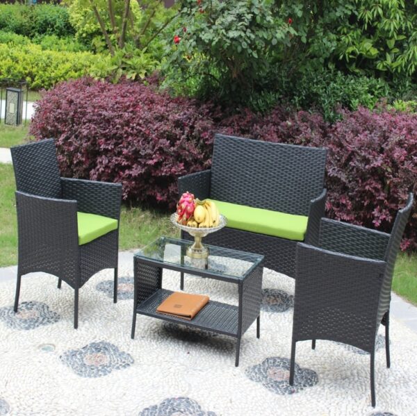 4PC Rattan Patio Furniture Set Outdoor Wicker Sofa W  Green Cushions - Image 9