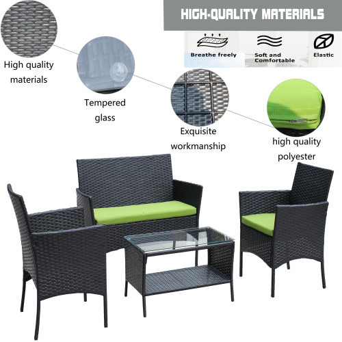 4 PC Rattan Patio Furniture Set Outdoor Patio Cushioned Seat Wicker Sofa Green Cushion - Image 2