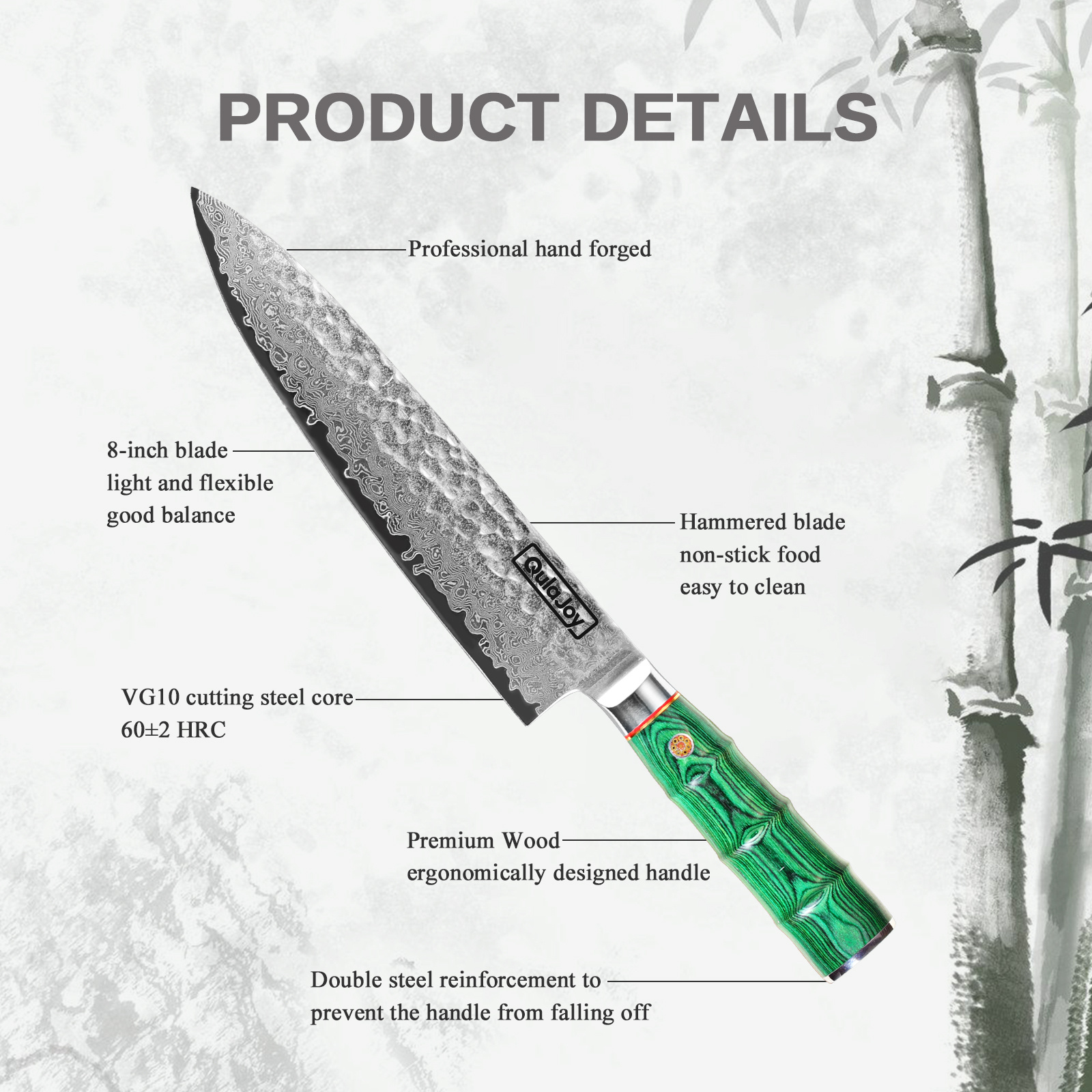 Qulajoy Japanese Chef Knife 8 Inch,67 Layers Damascus VG-10 Steel Core,Professional Hammered Kitchen Knife,Handcrafted With Ergonomic Bamboo Shape Handle - Image 8