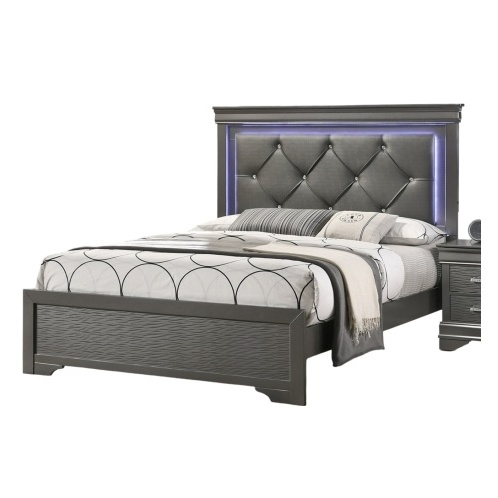 Dark Gray Faux Leather Tufted Headboard 1pc Queen Size Bed W LED Bedroom Furniture Gray Unique Texture FB Solid Wood - Image 5