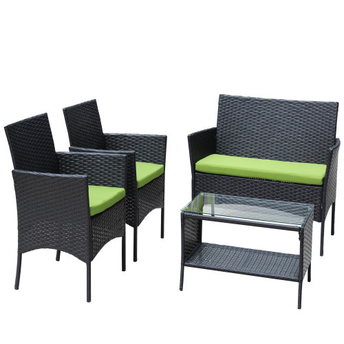 4 PC Rattan Patio Furniture Set Outdoor Patio Cushioned Seat Wicker Sofa Green Cushion - Image 7