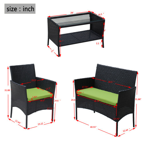 4 PC Rattan Patio Furniture Set Outdoor Patio Cushioned Seat Wicker Sofa Green Cushion - Image 5