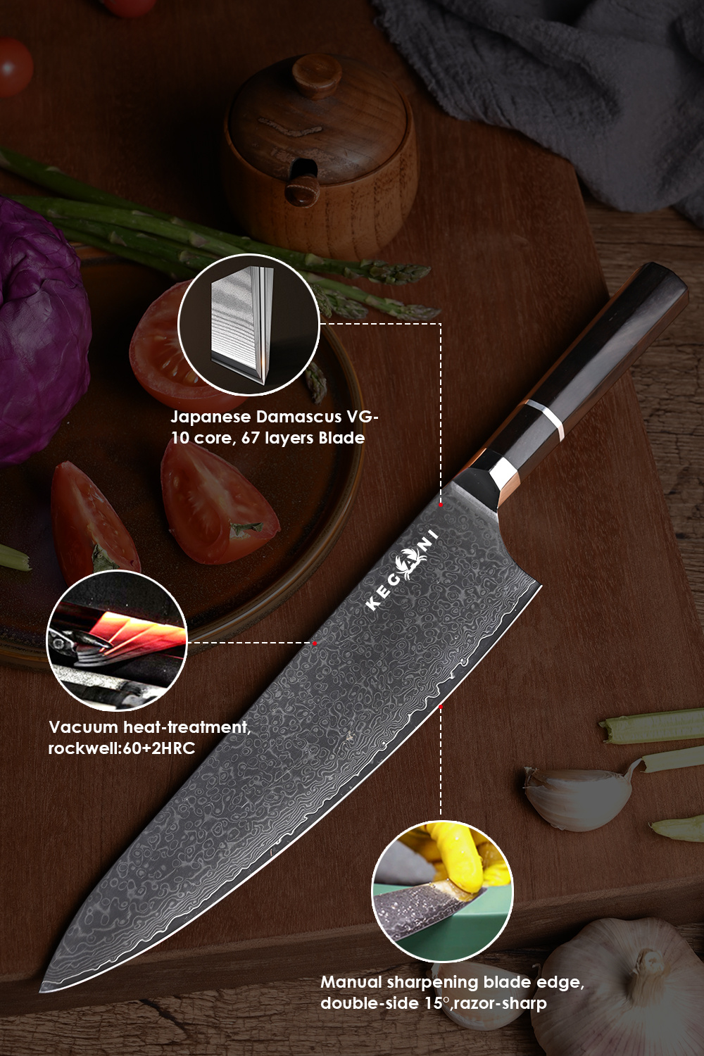 Kegani 8 Inch Japanese Kiritsuke Chef Knife, Japanese 67 Layers VG-10 Damascus Knife, Ebony FullTang Handle Natural Texture Japanese Knife Sushi Knife Gyuto Knife - Image 7