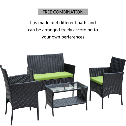 4 PC Rattan Patio Furniture Set Outdoor Patio Cushioned Seat Wicker Sofa Green Cushion - Image 3