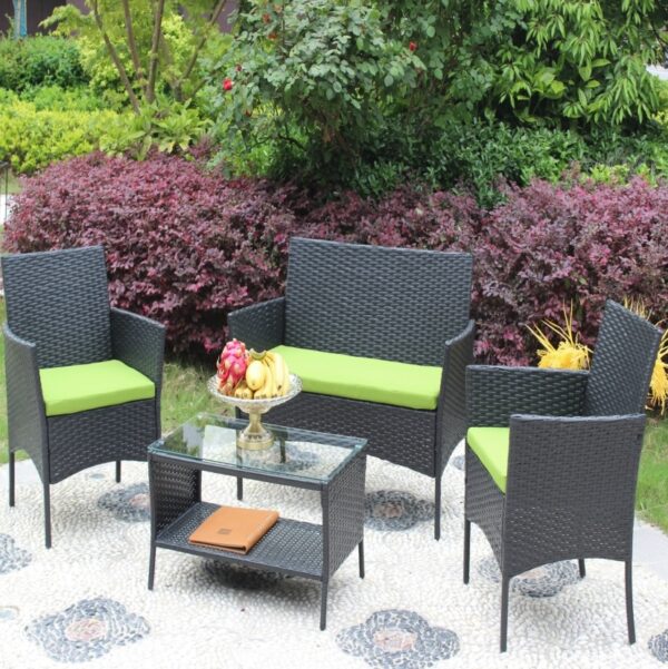 4PC Rattan Patio Furniture Set Outdoor Wicker Sofa W  Green Cushions - Image 4