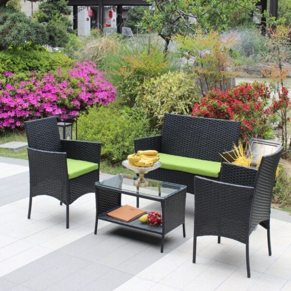4PC Rattan Patio Furniture Set Outdoor Wicker Sofa W  Green Cushions - Image 8