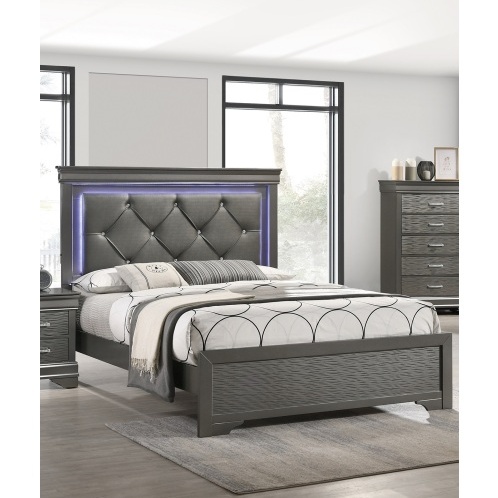 Dark Gray Faux Leather Tufted Headboard 1pc Queen Size Bed W LED Bedroom Furniture Gray Unique Texture FB Solid Wood - Image 7