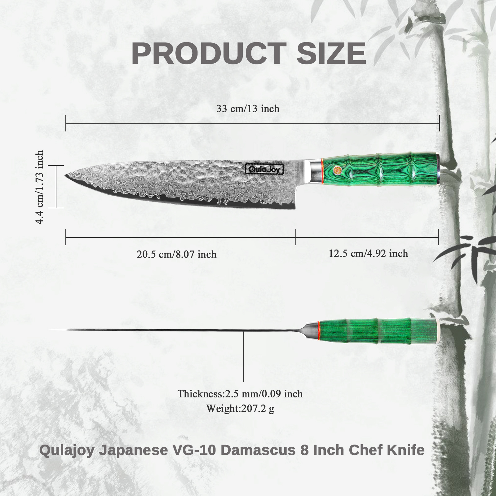 Qulajoy Japanese Chef Knife 8 Inch,67 Layers Damascus VG-10 Steel Core,Professional Hammered Kitchen Knife,Handcrafted With Ergonomic Bamboo Shape Handle - Image 9