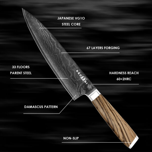 Kegani Chef Knife - 8 Inch Japanese Knife, 67 Layers Japanese VG-10 Damascus Steel Ultra Sharp Kitchen Knife, Professional Chef Knife Gyuto Knife- Ergonomic FullTang Handle - Image 3