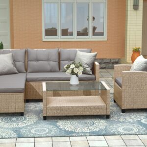 U STYLE Patio Furniture Sets 4PC Wicker Rattan Sofa Conversation Set