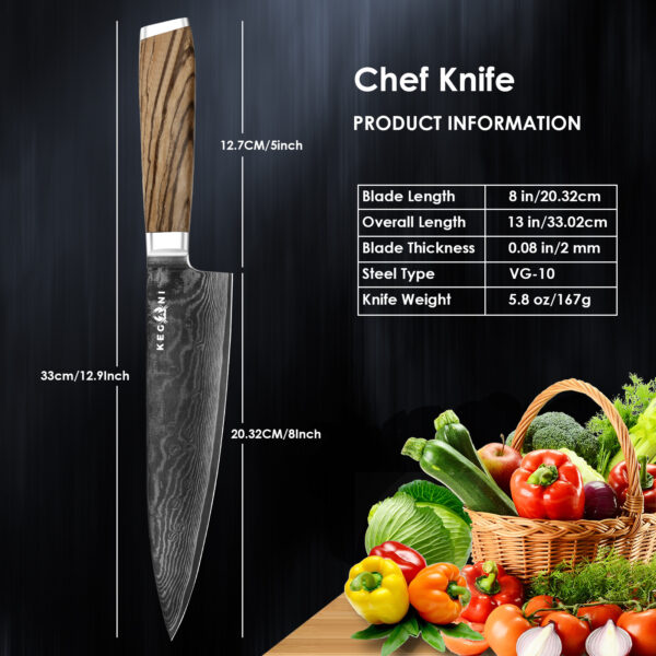 Kegani Chef Knife - 8 Inch Japanese Knife, 67 Layers Japanese VG-10 Damascus Steel Ultra Sharp Kitchen Knife, Professional Chef Knife Gyuto Knife- Ergonomic FullTang Handle - Image 4